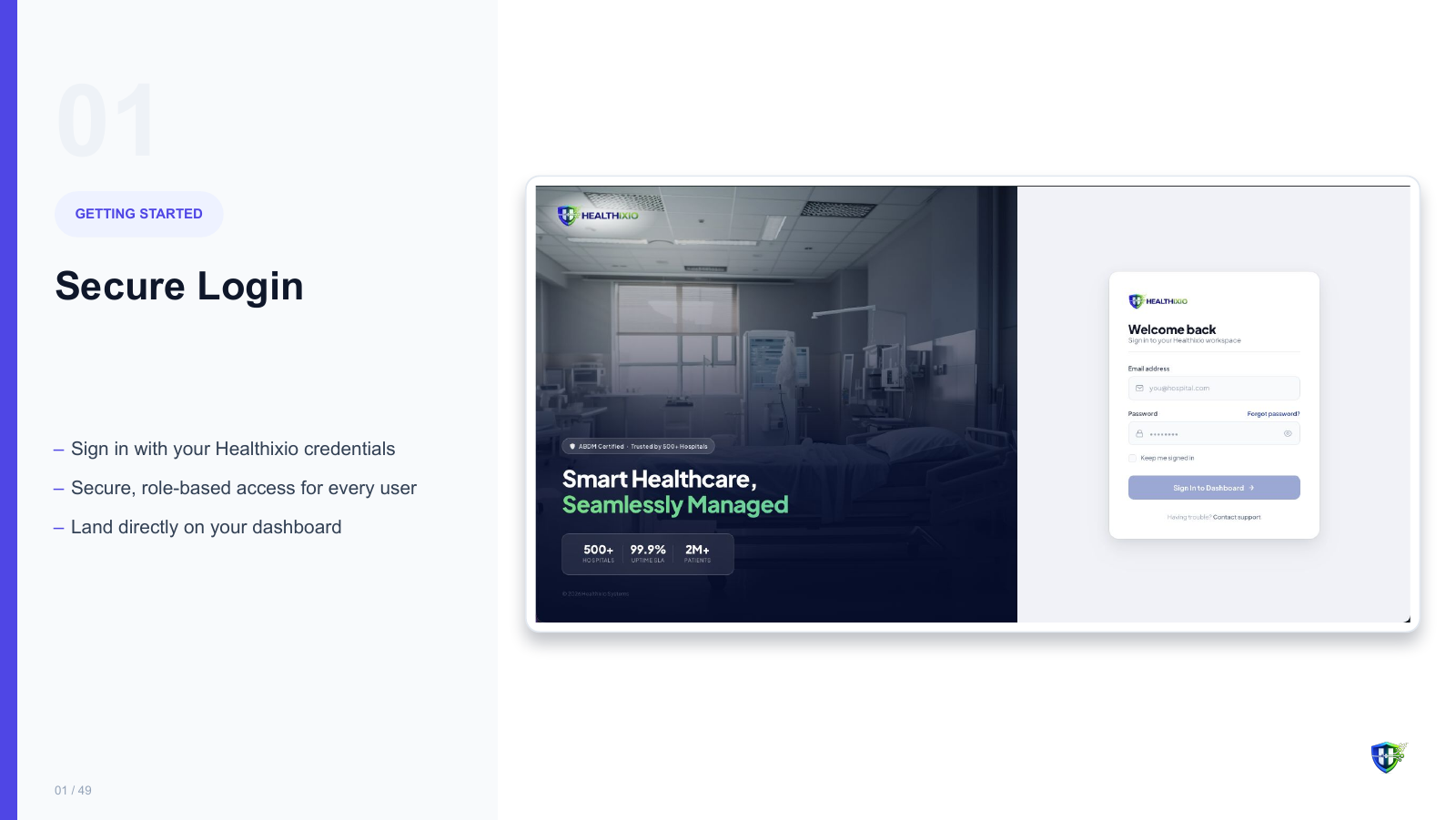 Secure Login screen in Healthixio hospital management software — Sign in with your Healthixio credentials. Secure, role-based access for every user. Land directly on your dashboard