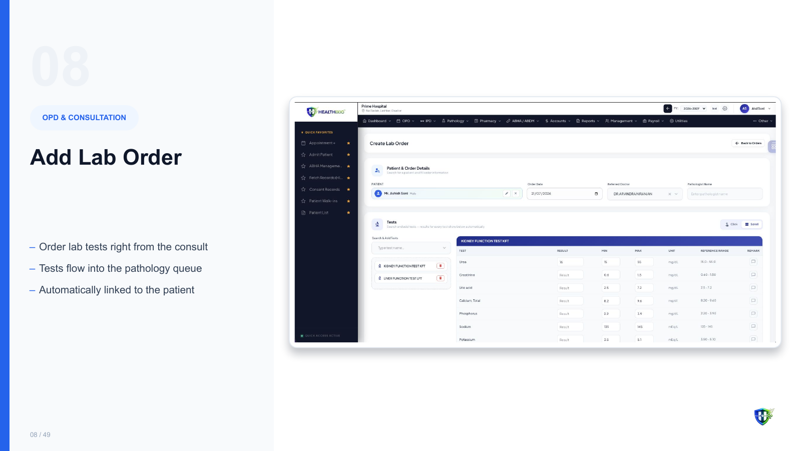 Add Lab Order screen in Healthixio hospital management software — Order lab tests right from the consult. Tests flow into the pathology queue. Automatically linked to the patient