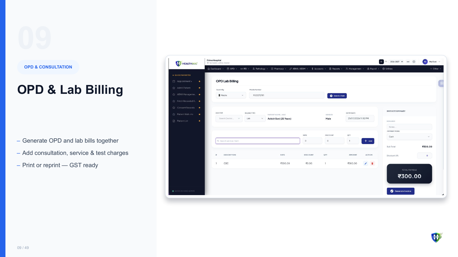 OPD & Lab Billing screen in Healthixio hospital management software — Generate OPD and lab bills together. Add consultation, service & test charges. Print or reprint — GST ready