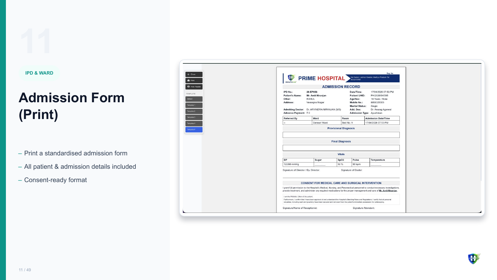 Admission Form (Print) screen in Healthixio hospital management software — Print a standardised admission form. All patient & admission details included. Consent-ready format