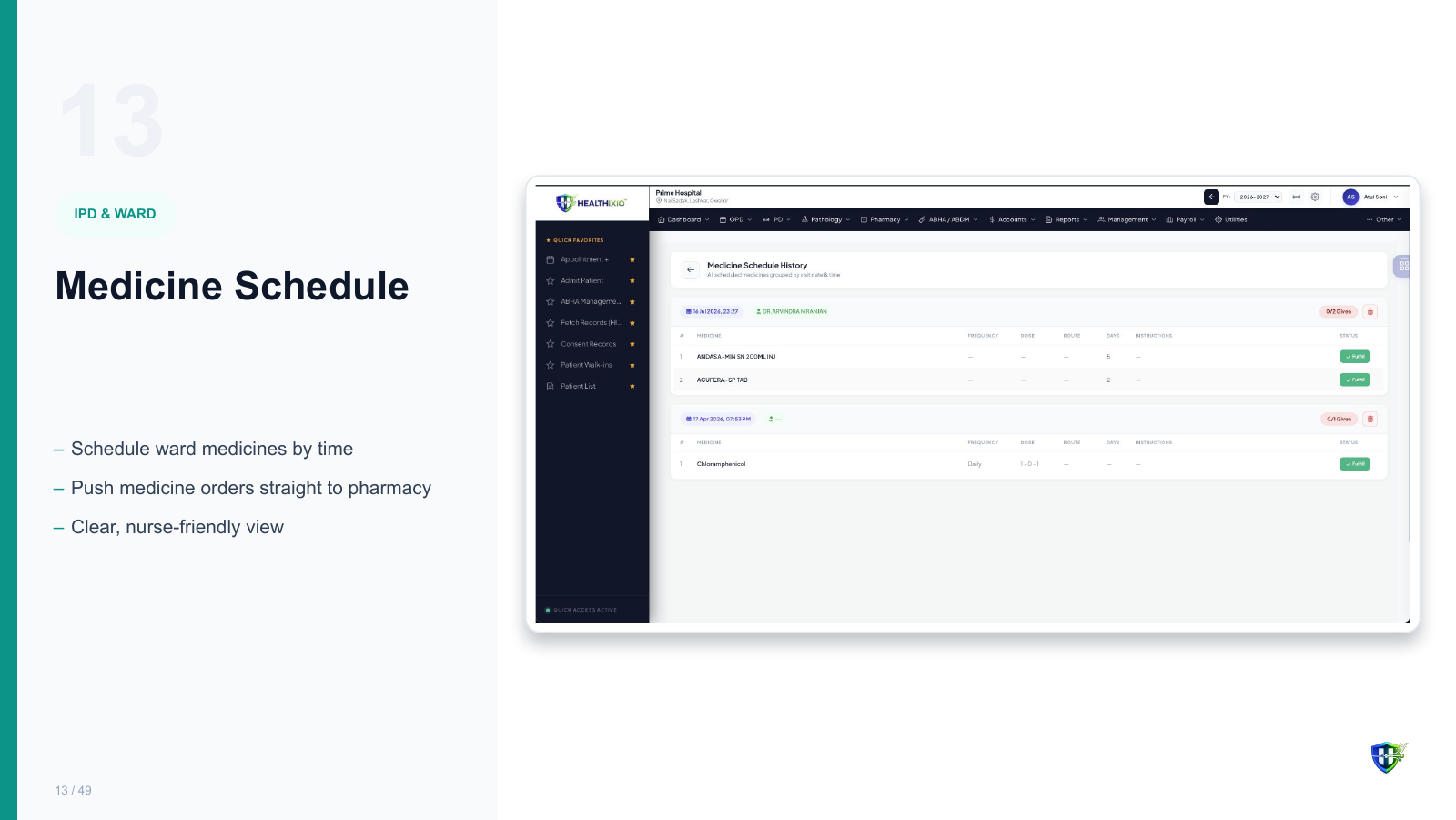 Medicine Schedule screen in Healthixio hospital management software — Schedule ward medicines by time. Push medicine orders straight to pharmacy. Clear, nurse-friendly view
