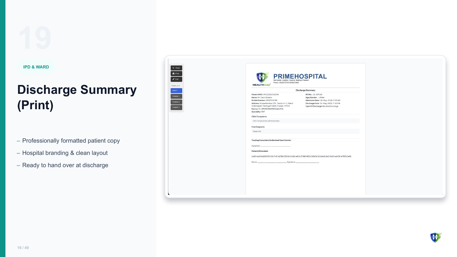 Discharge Summary (Print) screen in Healthixio hospital management software — Professionally formatted patient copy. Hospital branding & clean layout. Ready to hand over at discharge
