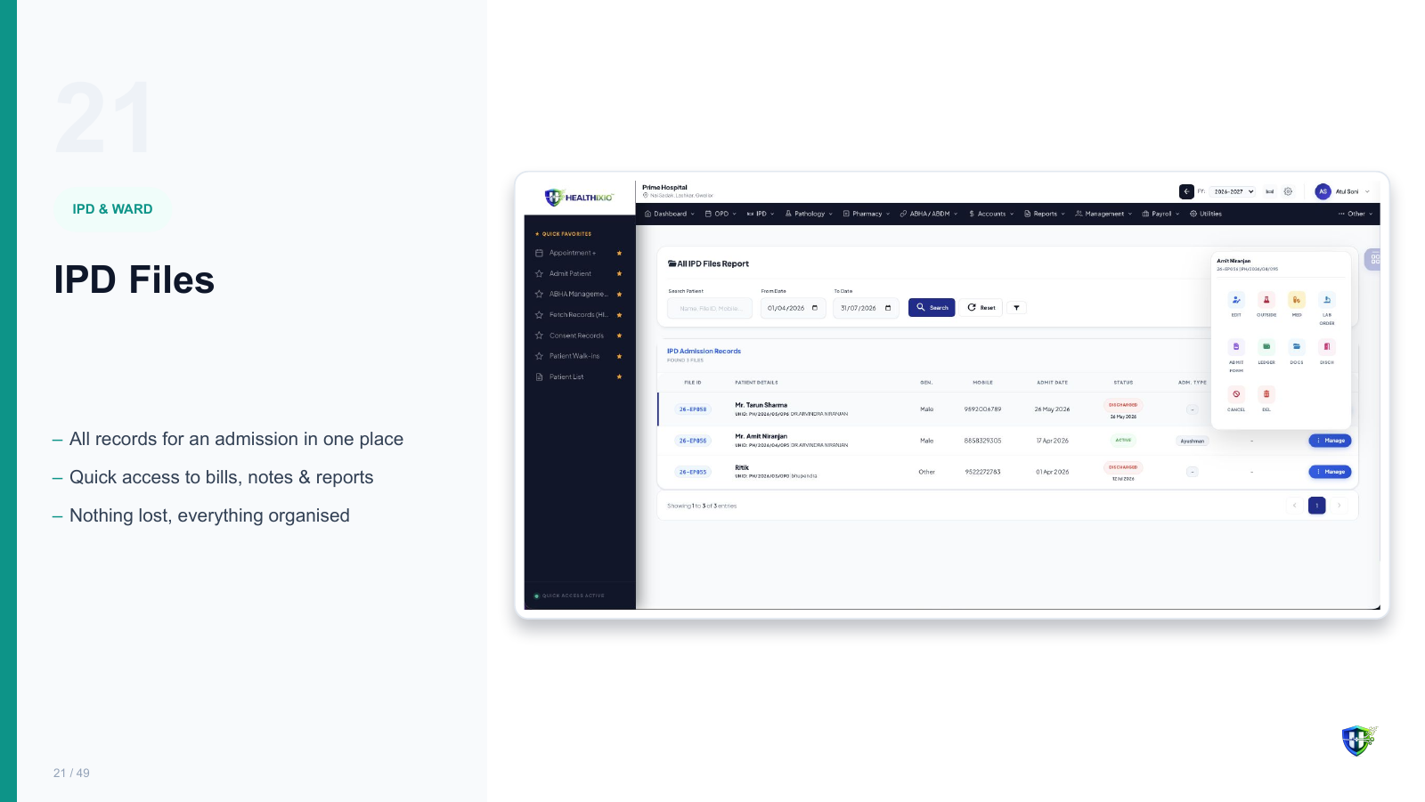 IPD Files screen in Healthixio hospital management software — All records for an admission in one place. Quick access to bills, notes & reports. Nothing lost, everything organised