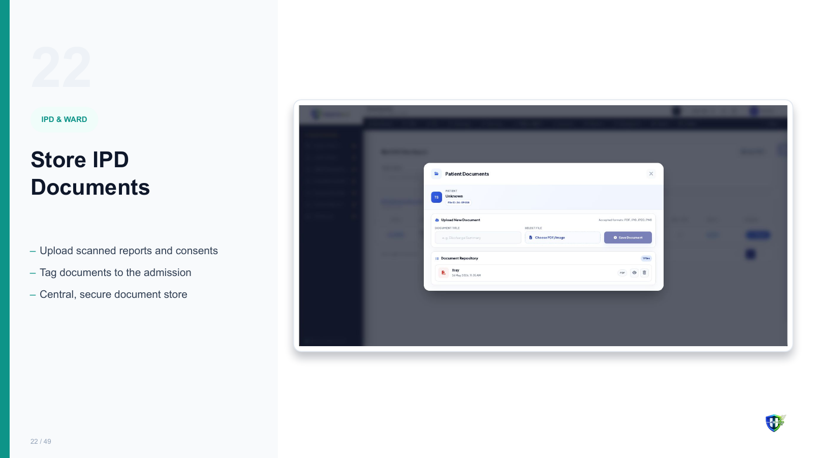 Store IPD Documents screen in Healthixio hospital management software — Upload scanned reports and consents. Tag documents to the admission. Central, secure document store