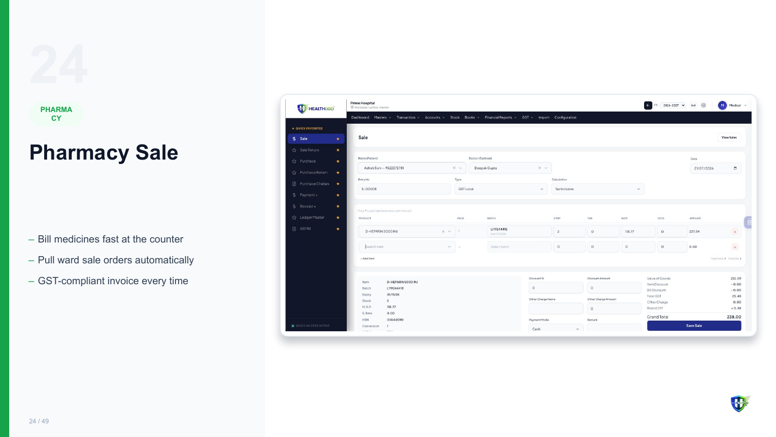 Pharmacy Sale screen in Healthixio hospital management software — Bill medicines fast at the counter