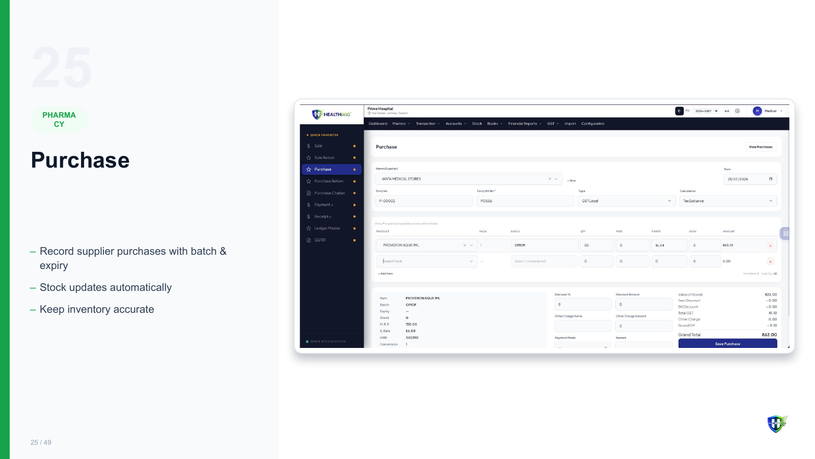 Purchase screen in Healthixio hospital management software — Record supplier purchases with batch &. Stock updates automatically. Keep inventory accurate