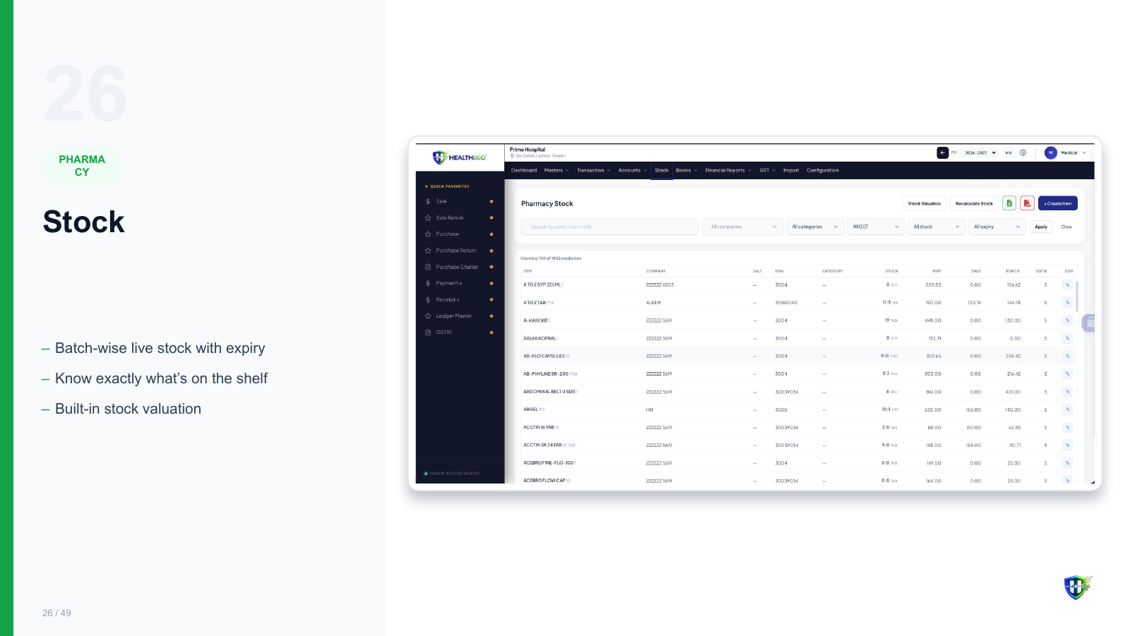 Stock screen in Healthixio hospital management software — Batch-wise live stock with expiry. Know exactly what’s on the shelf. Built-in stock valuation