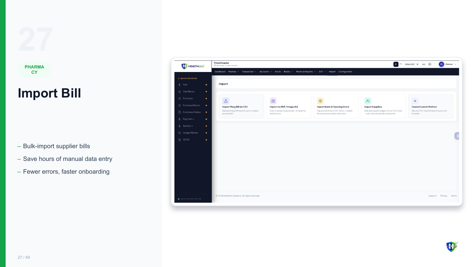 Import Bill screen in Healthixio hospital management software — Bulk-import supplier bills. Save hours of manual data entry. Fewer errors, faster onboarding