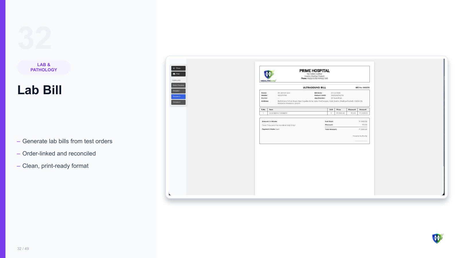 Lab Bill screen in Healthixio hospital management software — Generate lab bills from test orders. Order-linked and reconciled. Clean, print-ready format