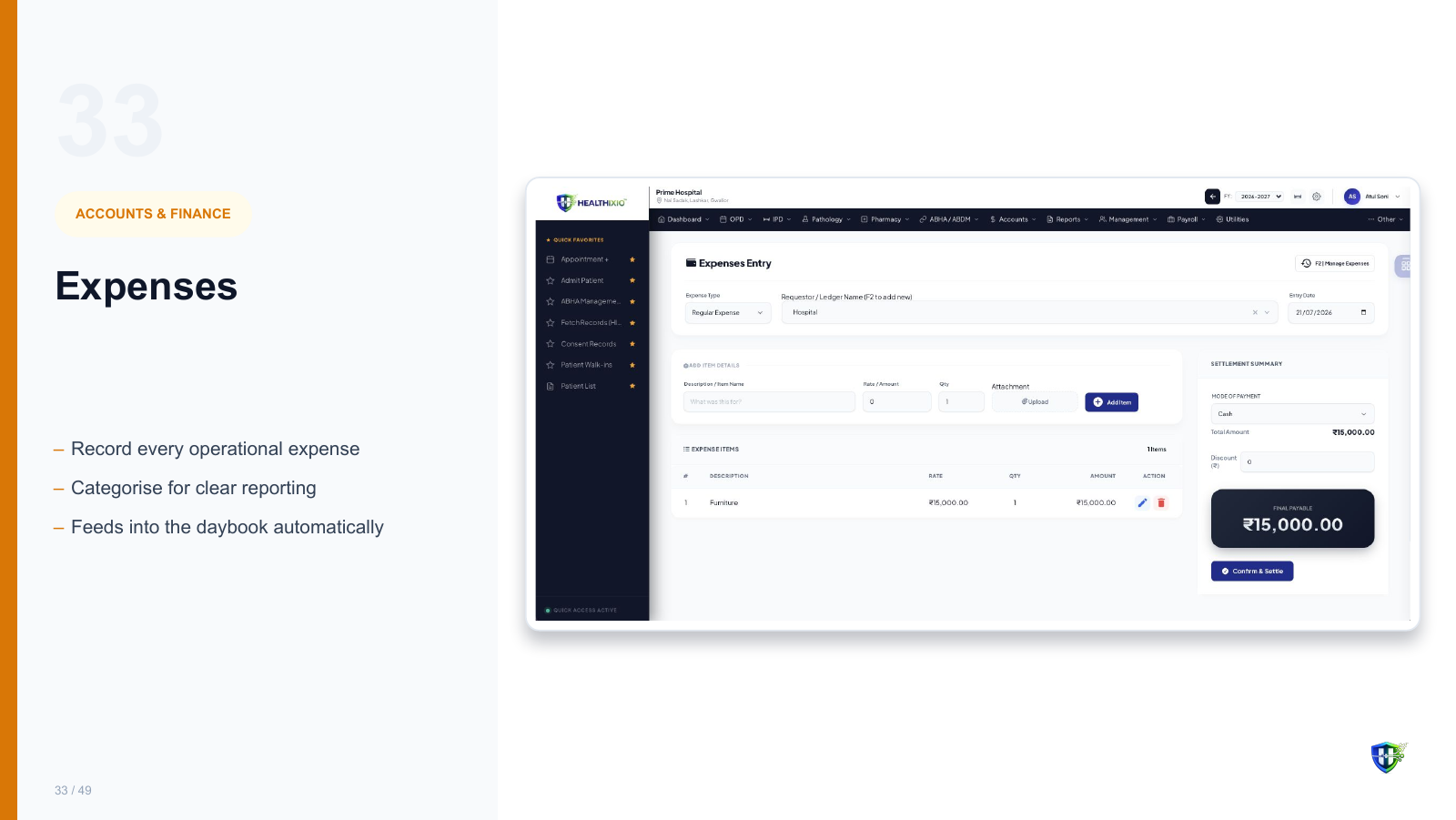 Expenses screen in Healthixio hospital management software — Record every operational expense. Categorise for clear reporting. Feeds into the daybook automatically