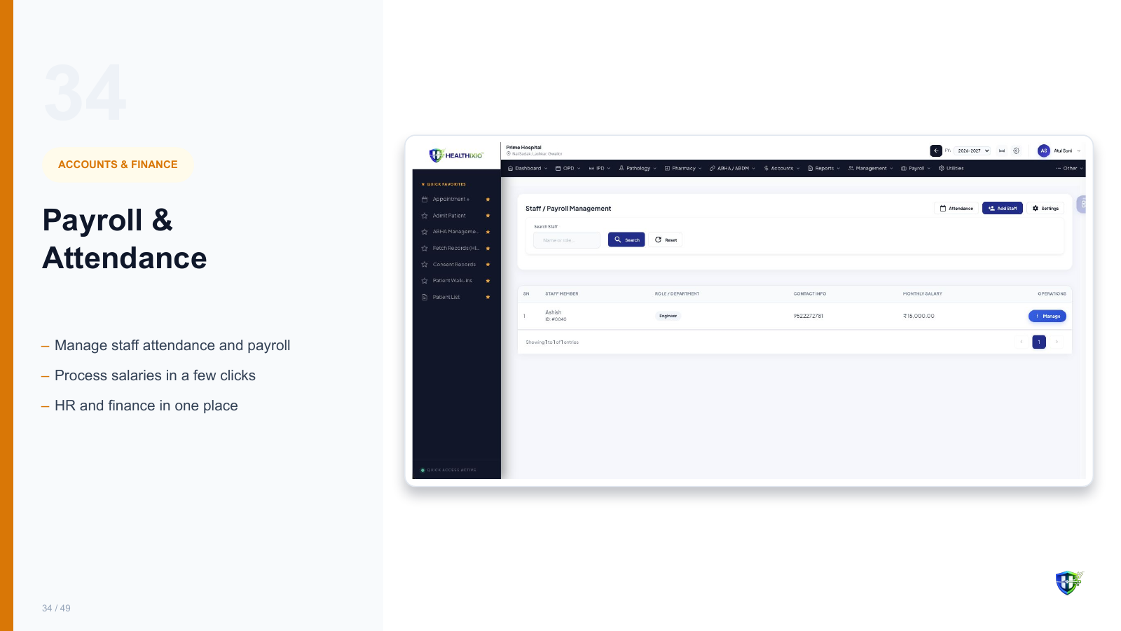 Payroll & Attendance screen in Healthixio hospital management software — Manage staff attendance and payroll. Process salaries in a few clicks. HR and finance in one place