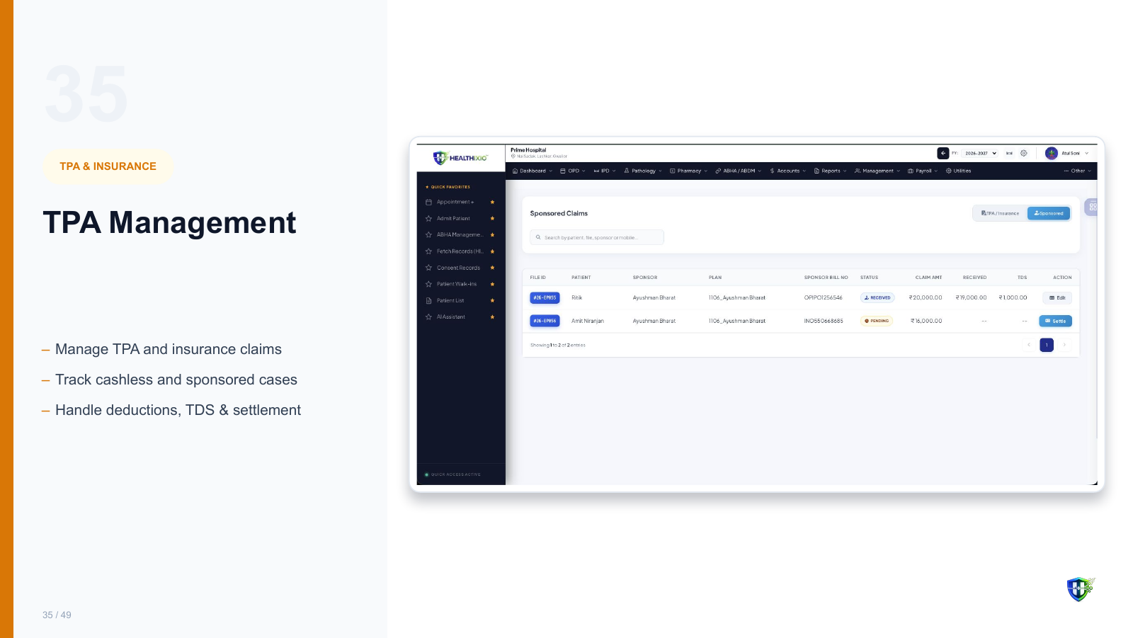 TPA Management screen in Healthixio hospital management software — Manage TPA and insurance claims. Track cashless and sponsored cases. Handle deductions, TDS & settlement