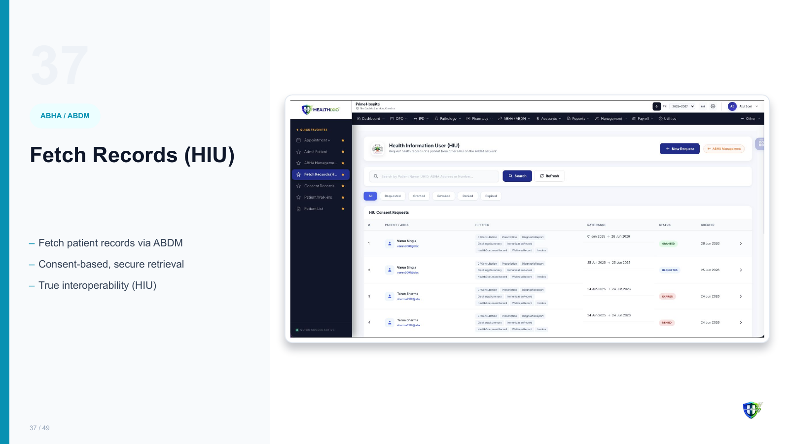 Fetch Records (HIU) screen in Healthixio hospital management software — Fetch patient records via ABDM. Consent-based, secure retrieval. True interoperability (HIU)
