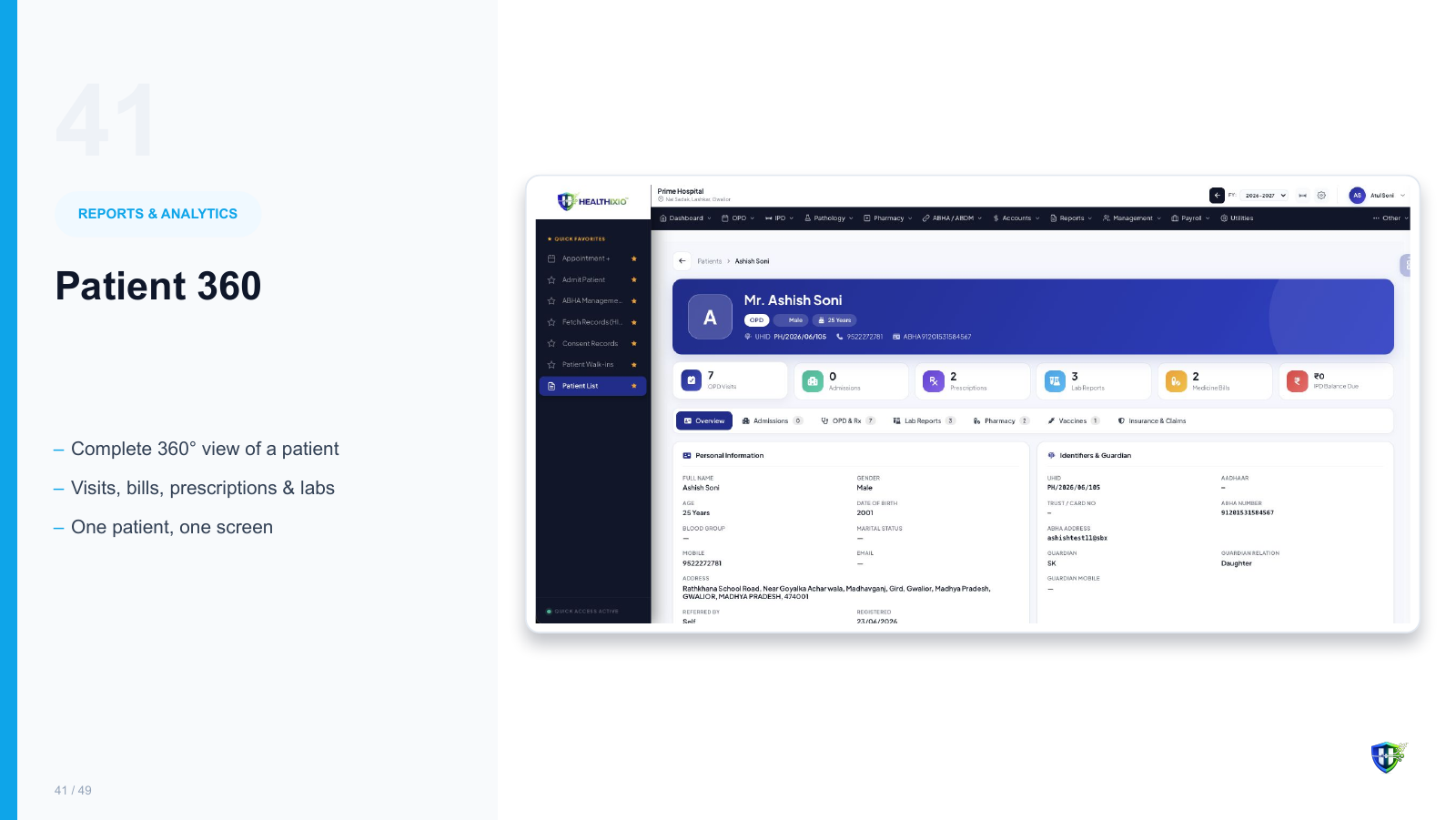 Patient 360 screen in Healthixio hospital management software — Complete 360° view of a patient. Visits, bills, prescriptions & labs. One patient, one screen