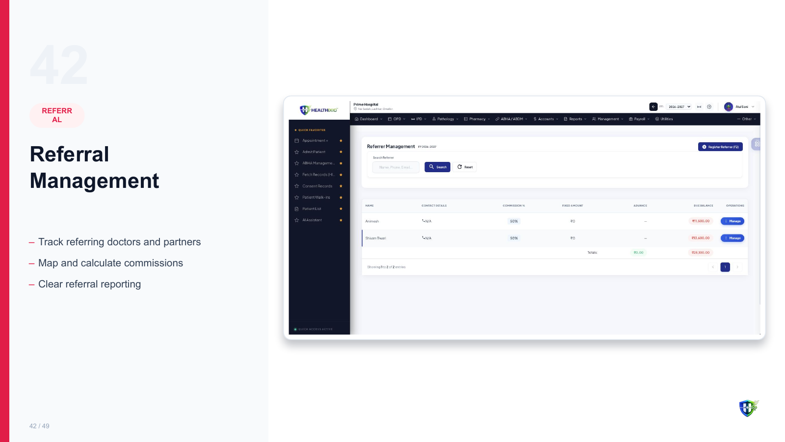 Referral Management screen in Healthixio hospital management software — Track referring doctors and partners. Map and calculate commissions. Clear referral reporting
