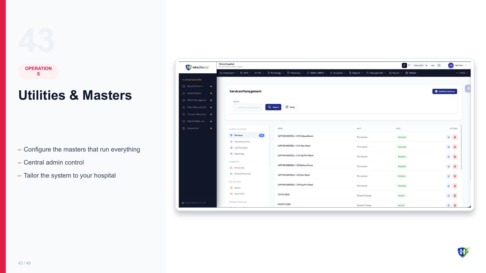 Utilities & Masters screen in Healthixio hospital management software — Configure the masters that run everything. Central admin control. Tailor the system to your hospital