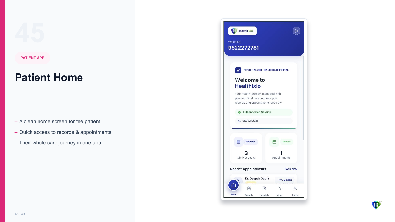 Patient Home screen in Healthixio hospital management software — A clean home screen for the patient. Quick access to records & appointments. Their whole care journey in one app