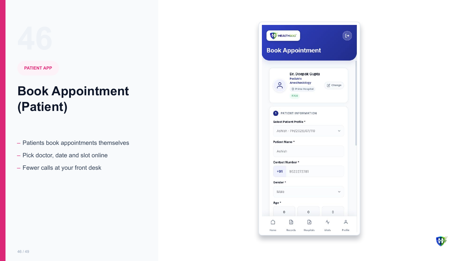 Book Appointment (Patient) screen in Healthixio hospital management software — Patients book appointments themselves. Pick doctor, date and slot online. Fewer calls at your front desk
