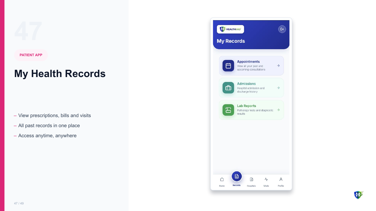 My Health Records screen in Healthixio hospital management software — View prescriptions, bills and visits. All past records in one place. Access anytime, anywhere