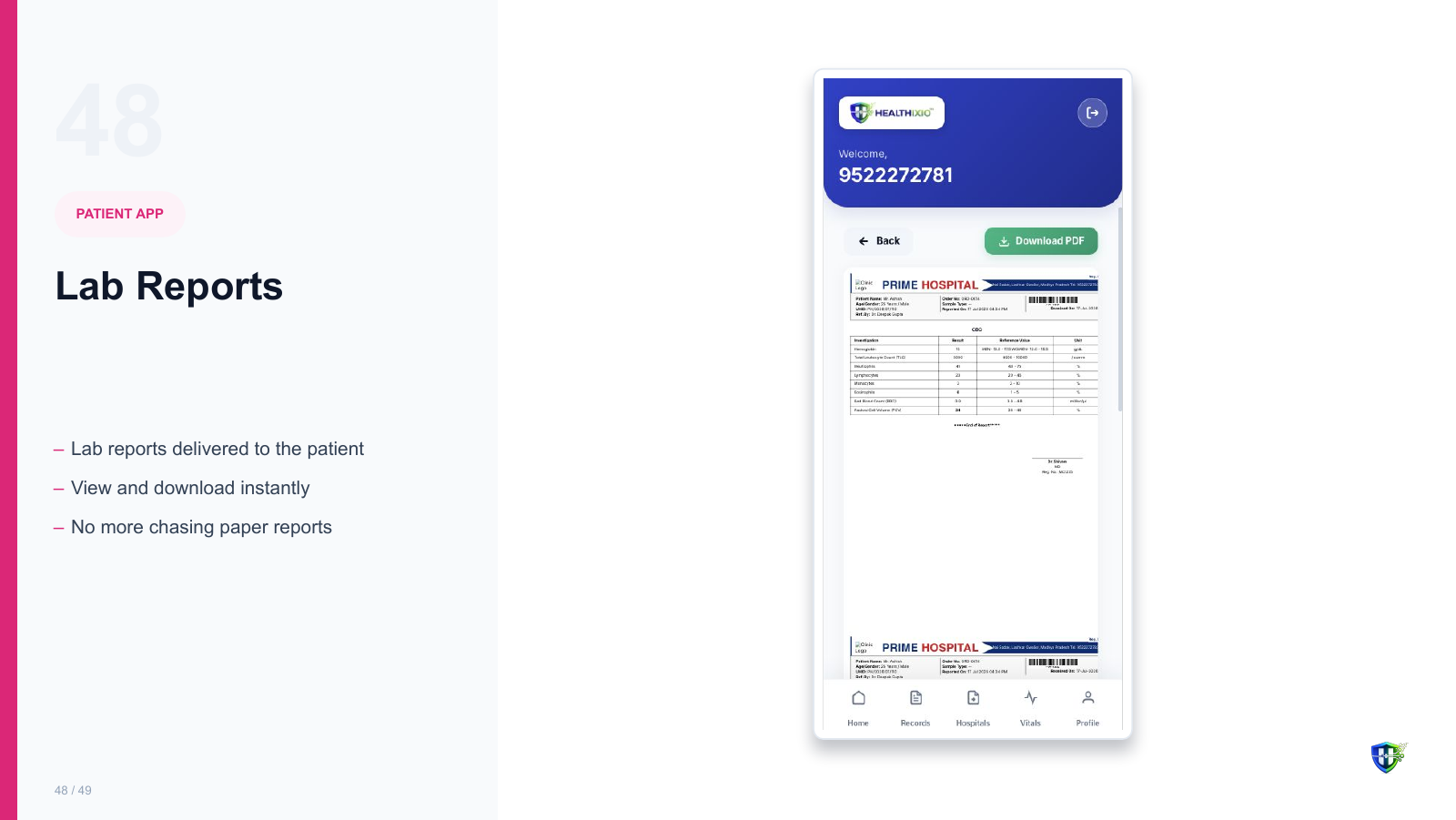 Lab Reports screen in Healthixio hospital management software — Lab reports delivered to the patient. View and download instantly. No more chasing paper reports